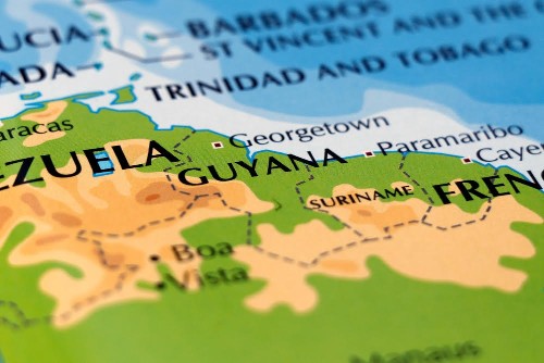 world map of south american coastal side and Guyana in close up focus