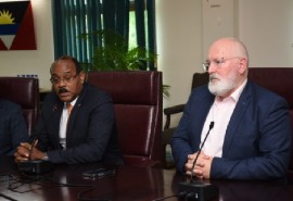 Prime Minister Gaston Browne (left) and European Commission Executive Vice President, Frans Timmermans, during their meeting in Antigua on Monday (CMC Photo)