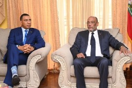 Haiti’s Prime Minister Ariel Henry and his Jamaican counterpart Andrew Holness meeting during on Monday.