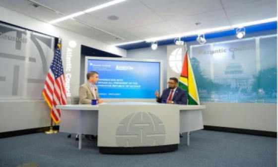 Guyana President Dr. irfaan Ali (left) at a forum hosted by the Atlantic Council, Adrienne Arsht Latin America Center, on Monday evening (DPI Photo),