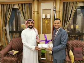 Caribbean Airlines’ Chairman Mr. S. Ronnie Mohammed (right) presents Mr Rashed Alshammair- Vice President of Commercial from Saudi Arabia's Air Connectivity Program (ACP) with a gift after their strategic meeting.