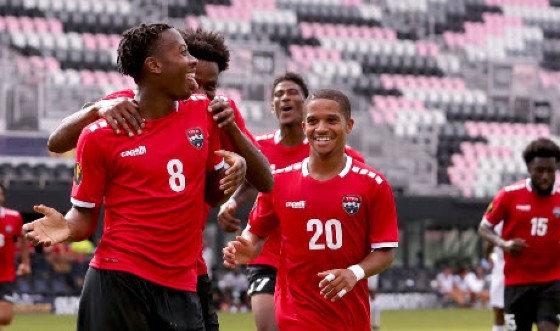 Ajani Fortune (#8) celebrates his goal against St Kitts and Nevis on Sunday.