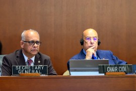 OAS Secretary General Albert Ramdin (left) and Antigua and Barbuda’s Ambassador to OAS and Chair of the Inter-American Council for Integral Development, Sir Ronald Sanders.