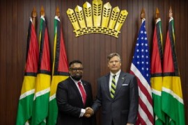 President Irfaan Ali (left) and US Deputy Secretary of State, Christopher Landau, following talks in Georgetown on Tuesday
