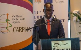 CARICOM Deputy Secretary General, Dr Armstrong Alexis, delivering the feature address at the launch of CARPHA’s five year strategic plan.