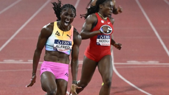 Julien Alfred (left) celebrates after winning the women’s 200 metres at the Monaco Diamond League on Friday.