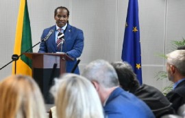 Minister of State in the Ministry of Foreign Affairs and Foreign Trade, Alando Terrelonge, addressing EU-Jamaica conference (JIS Photo)