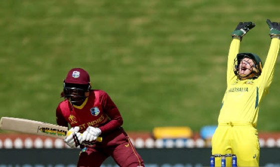 Wicketkeeper Alyssa Healy appeals successfully for an lbw decision against West Indies captain Stafanie Taylor.