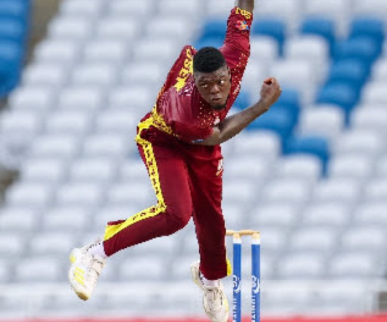 Fast bowler Alzarri Joseph sends down a delivery during his aggressive three-wicket haul against Trinidad and Tobago Red Force on Thursday night. (Photo courtesy CWI Media)