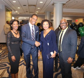 Jamaica’s Ambassador to the United States Audrey Marks receives a warm welcome from the Mayor of Rochester Mr. Malik Evans as she arrives at the Hyatt Regency Hotel in Rochester for the 17th Anniversary Gala of the Jamaican Organization of Rochester New York on Friday night July 28, 2023. At left is Mrs Shawanda Evans, wife of the Mayor and president of the Rochester Jamaica Organization Dr. Joel Frater (Photo by Derrick Scott)