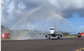 Inaugural American Airlines flight landing in Dominica (CMC Photo)