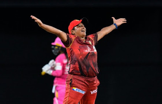 Veteran West Indies off-spinner Anisa Mohammed celebrates another wicket in Sunday’s final. (Photo courtesy Getty/CPL)