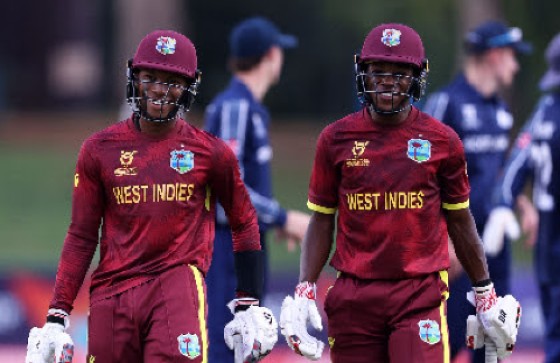 Jewel Andrew and Nathan Edward smile after steering West Indies to victory over Scotland. (Photo courtesy of ICC Media)