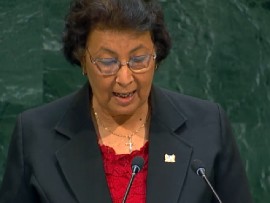 Suriname President Jennifer Geerlings-Simons addressing 81st session of United Nations General Assembly on Tuesday (CCMC Photo)