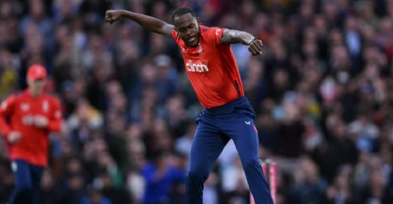 Jofra Archer celebrates after taking the first of his two wickets against Pakistan