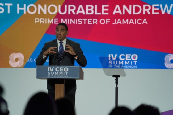 Prime Minister Andrew Holness addresses the IV CEO Summit of the Americas in California.