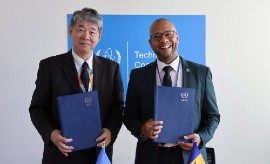 Ambassador of Barbados to Austria and the United Nations Organisations in Vienna, Matthew Wilson (right) and Deputy Director General, International Atomic Energy Agency (IAEA), Hua Liu, pose with the 2026-2031 Country Programme Framework. (GP)