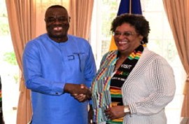 Prime Minister Mia Amor Mottley and Ghana’s Minister of Tourism, Arts and Culture, Ibrahim Awal. (BGIS Ph