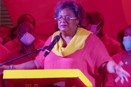Prime Minister Mia Mottley speaking to supporters in the early hours of Thursday after her BLP won all 30 seats in the general elections.