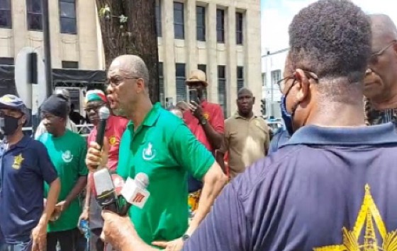 PSA president Leroy Baptiste addressing the rally (CMC Photo)