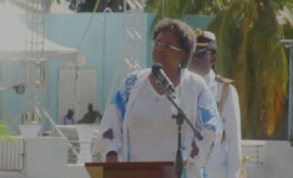 Prime Minister Mia Mottley addressing the National Independence Parade and National Awards Ceremony at Kensington Oval (CMC Photo)