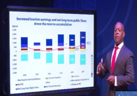Governor of the Central Bank of Barbados, Dr. Kevin Greenidge, reviewing the Barbados economy for the first six months of this year (CMC Photo)