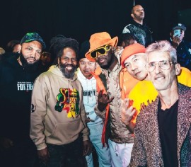 Wyclef delivers surprise salute to Mighty Crown at Irish and Chin's 'World Bash.' Pictured are Ninja Crown, Garfield "Chin" Bourne, Sami-T, Wyclef Jean, Masta Simon and DJ Stretch Armstrong (Photo Credit: Junyo Thirdeye S-Steady)