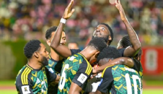 Reggae Boyz players celebrating one of their four goals against Bermuda. (Photo courtesy CONCACAF)