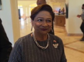 Prime Minister Kamla Persad Bissessar, speaking to reporters after her bilateral meeting with US Secretary of State, Marco Rubio (CMC Photo)