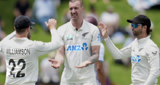 Blair Tickner (centre) celebrating one of his four wickets against West Indies on the opening day of the second Test.