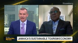 Jamaica Minister of Tourism Edmund Bartlett (right) speaks with Manus Cranny, co-anchor of “Bloomberg Daybreak: Middle East” on Friday.