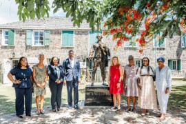 Left to right: Terysia Herbert, Executive Director & Secretary; Isabel Byron, President; Hazel Chiverton, Board member; Premier Mark Brantley; Karin Sullivan, US Embassy Chargé d’Affaires; Deputy Governor General, Hyleeta Liburd; Maurisha Robinson, Vice President, Hope Trott – family that previously owned Hamilton House. (Photo credit: Nevis Tourism Authority)