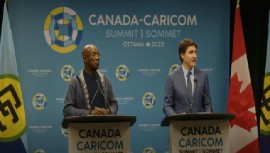 Prime Ministers Dr. Keith Rowley and Justin Trudeau answer questions on the situation in Haiti (CMC Photo)