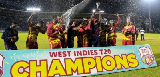 West Indies celebrate after winning the T20I series against Sri Lanka at Sabina Park on Sunday. (Photo courtesy CWI Media).