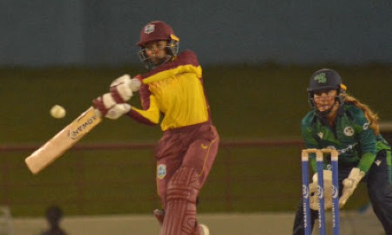 Vice-captain Shemaine Campbelle swings during her invaluable knock at the end West Indies Women’s innings. (Photo courtesy CWI Media)