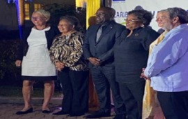 CARICOM Secretary General, Dr. Carla Barnett (second from left) pose with regional leaders and EU officials at the launch on Tuesday night (CMC Photo)