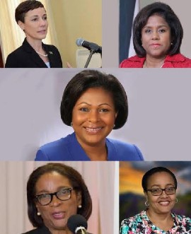 CARICOM’s female Trade Ministers: Senator Kamina Johnson Smith (top left), Senator Paula Gopee-Scoon (top right), Sarah Flood Beaubrun (center), Cheryl Sandra V. Husbands (bottom left), and Senator Wendy Colleen Phipps (bottom right).
