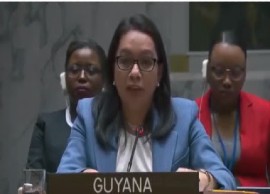 Guyana’s Ambassador Carolyn Rodrigues-Birkett explaining her country’s decision to abstain on a UN Security resolution on the fighting in Gaza (CMC Photo)