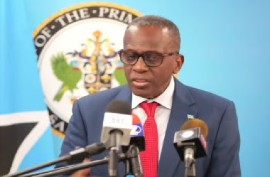 Prime Minister Phillip J Pierre speaking at news conference on Monday (CMC Photo)