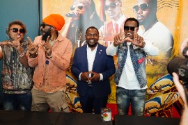 Spragga Benz (second left), Wayne Wonder (right) with Don Yute (left) and Miramar Commissioner Maxwell B. Chambers at the launch of 'Step Into A Journey to Kingston', scheduled for May 30 at the Miramar Cultural Center.