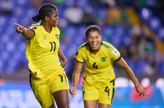 Khadija Shaw (left) and Chantelle Swaby of Jamaica celebrate after opening the score against Mexico in a Group A match of the Concacaf W Championship. (Photo: CONCACAF)