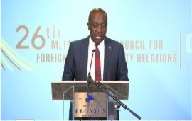 Antigua and Barbuda Foreign Affairs Minister E.P. Chet Greene addressing COFCOR (CMC Photo)
