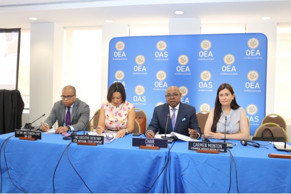 Jamaica’s Tourism Minister and Chairman of the Inter-American Committee on Tourism (CITUR) in Washing DC, Edmund Bartlett delivers opening remarks at the Fifth Special Meeting of the Inter-American Committee on Tourism (CITUR) in Washington DC, on April 14, at the Organization of American States. (Photo by Derrick Scott)