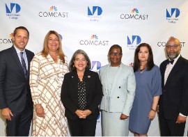 (L-R) Derek Cooper, Miami-Dade College President Madeline Pumariega, Miami-Dade County Mayor Daniella Levine Cava, Dr. Malou C. Garrison, Marta Casas-Celaya and Rick Beasly pose for a photo together as Comcast is partnering with Miami Dade College to launch first of its kind Digital Navigator Program in South Florida at Miami Dade College on July 12, 2022 in Miami, Florida. (Photo by Alexander Tamargo/Getty Images for Comcast )