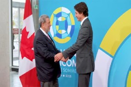 rime Minister Dr. Ralph Gonsalves (left) is being greeted by his Canadian counterpart, Justin Trudeau.
