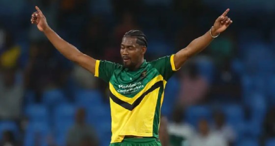 Keemo Paul celebrating one of his three wickets against the St Kitts and Nevis Patriots.