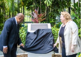 Chargé d’Affaires of the United States embassy here, Dr. Jenifer Neidhart de Ortiz and Trinidad and Tobago’s Minister of Defence, Wayne Sturge, unveiling plague at the ceremony on Tuesday.