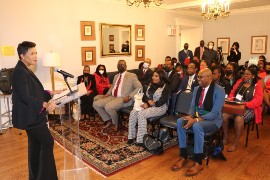 Jamaica’s Ambassador to the United States Her Excellency Audrey Marks declared open the Jamaica Diaspora Task Force Seventh Educational Summit at the Marymount College in Manhattan, New York on Monday March 21, 2022(Photo credit: Derrick Scott)