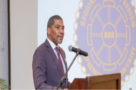 St. Kitts-Nevis Prime Minister and outgoing chair of the Regional Security System, Dr. Terrance Drew addressing the RSS Council of Ministers meeting on Friday