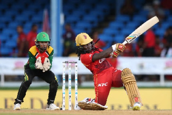TKR Women’s Deandra Dottin counter-attacks during her top score of 35 in losing cause on Tuesday. (Photo courtesy CPLT20/Getty Images)